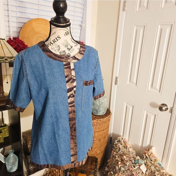 Vtg 80's Studio West Boxy Animal Print Trim Denim Short Sleeve Jacket. - Picture 15 of 15